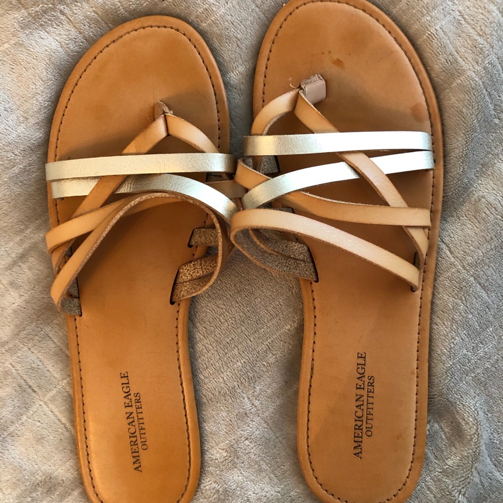 silver and tan sandals